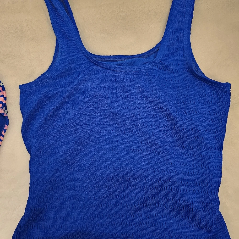 Justice Girls Blue Tankini Set with Pink & Aqua Tribal Print